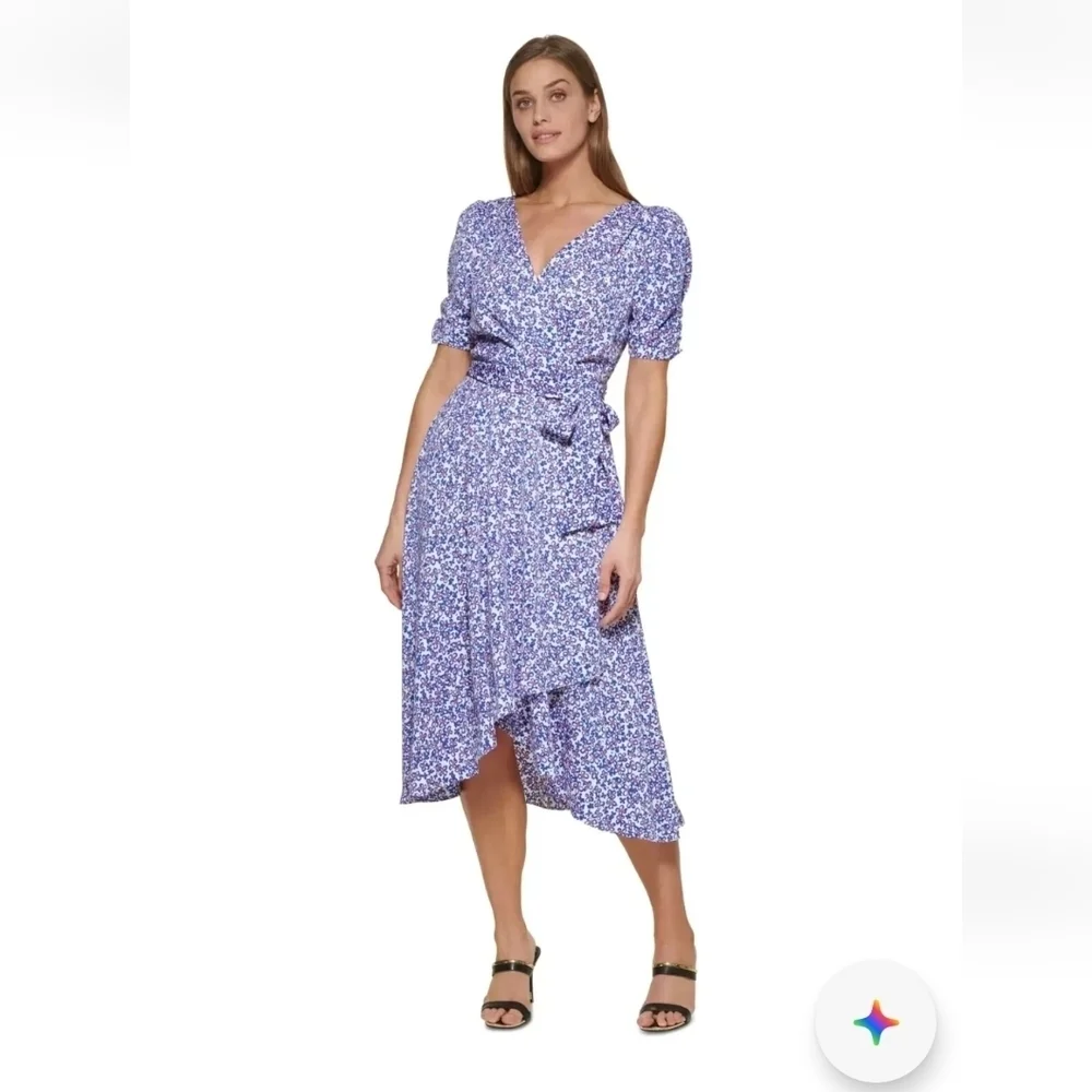 DKNY Floral Print Faux Wrap Iris Dress Multi Color Blue And Red Size 6 - Picture 2 of 11